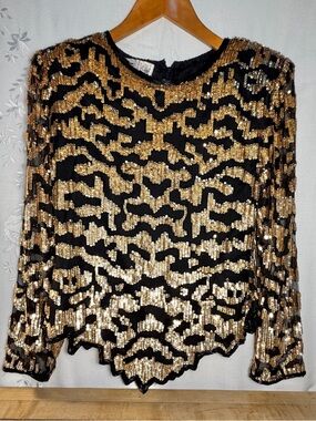 Laurence Kazar Black and Gold Sequin Long-Sleeve silk Top